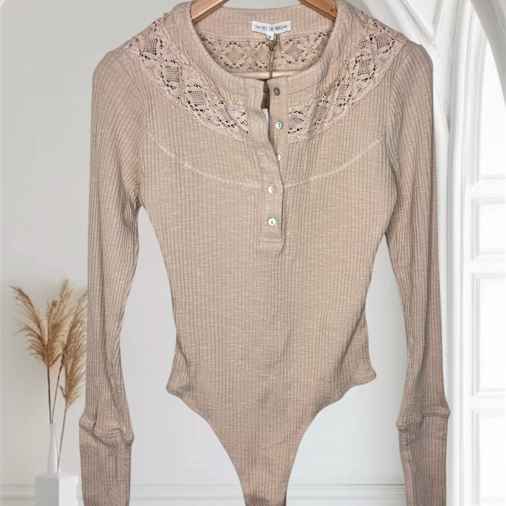 NWT Free the Roses Ribbed Lace Beige Bodysuit minimalist boho
